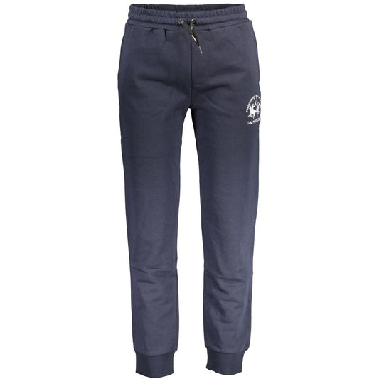 La Martina Blue Cotton Pant with elastic waist and ankles, featuring logo embroidery, two front pockets, and one back pocket.