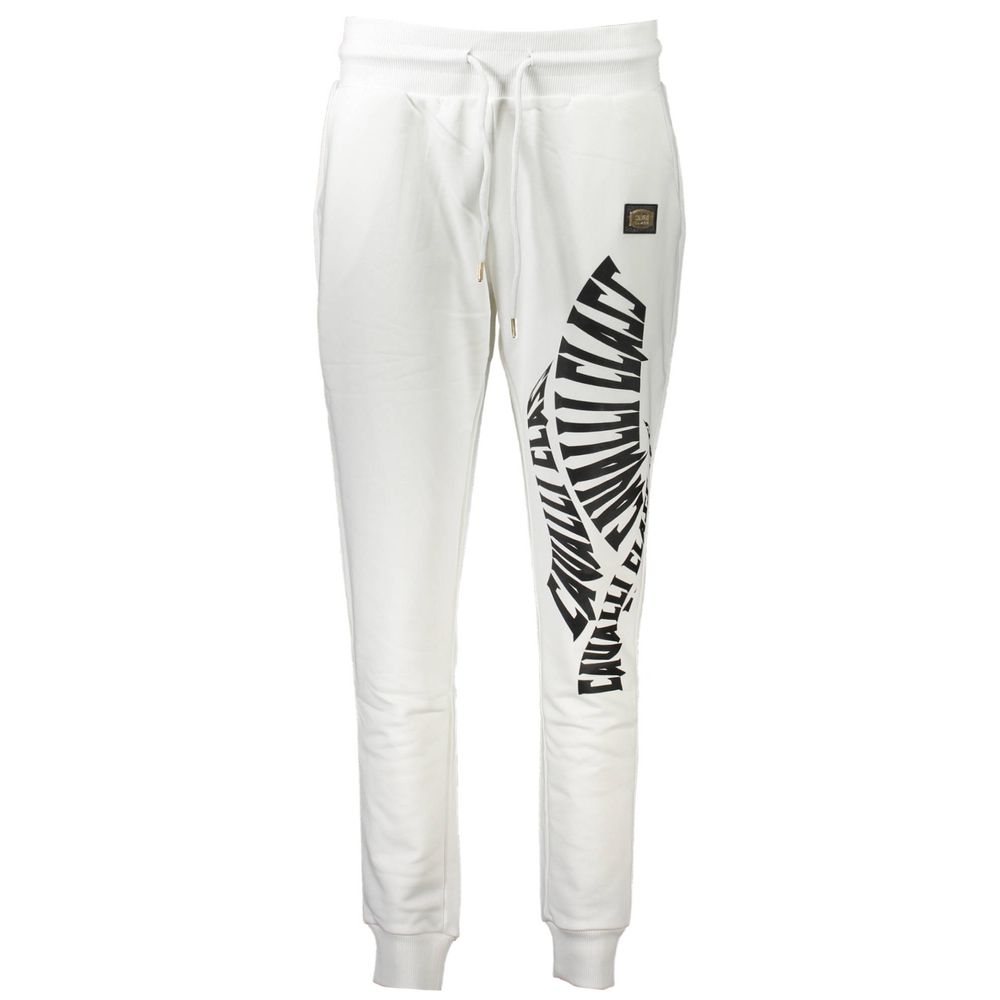 Cavalli Class White Cotton Pant with elastic waist and logo print, sporty trousers, ankle cuffs, and pockets for casual style.