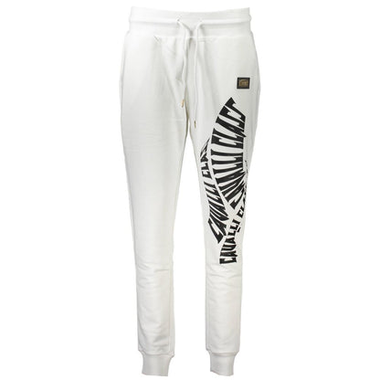 Cavalli Class White Cotton Pant with elastic waist and logo print, sporty trousers, ankle cuffs, and pockets for casual style.