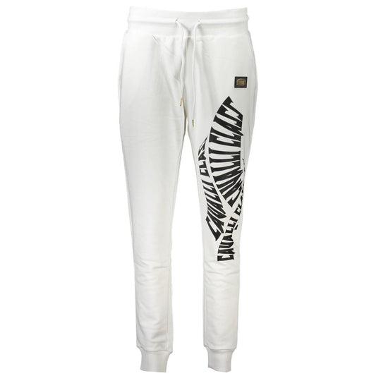 Cavalli Class White Cotton Pant with elastic waist and logo print, sporty trousers, ankle cuffs, and pockets for casual style.
