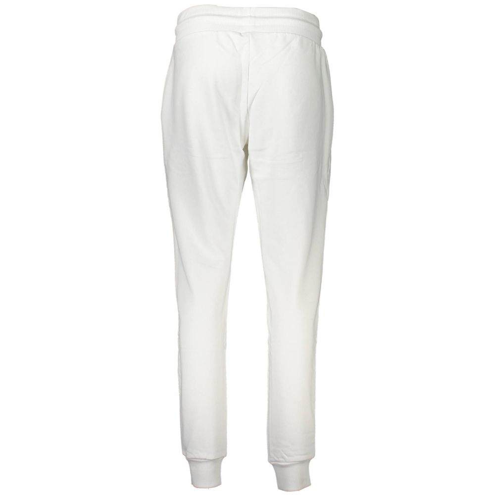 Cavalli Class White Cotton Pant with elastic waist, laces, ankle cuffs, logo print, and two pockets, sporty brushed style.