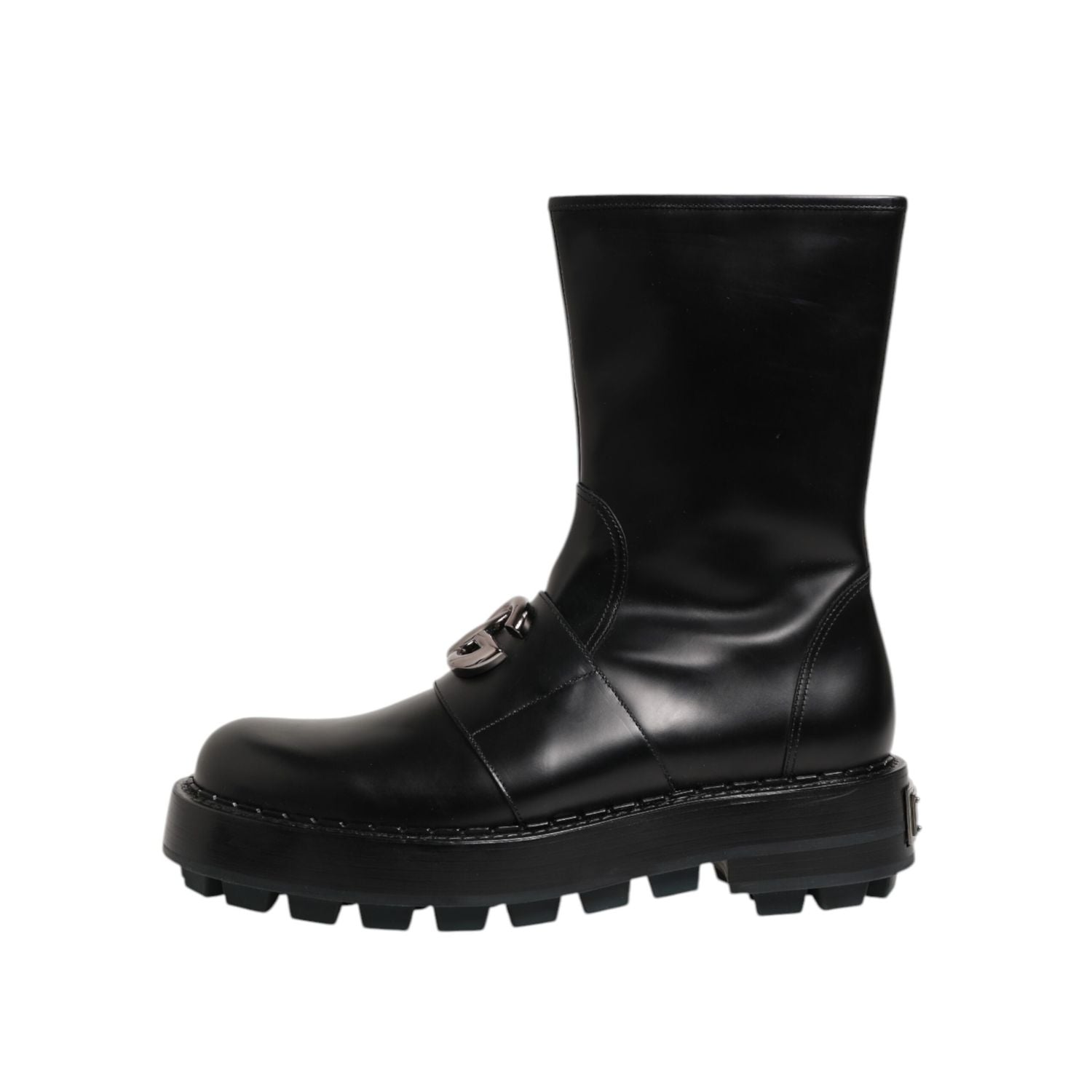 Dolce & Gabbana Black Logo Plaque Mid Calf Biker Boots Shoes
