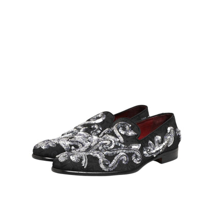 Dolce & Gabbana Black Silver Sequined Loafers Men Dress Shoes