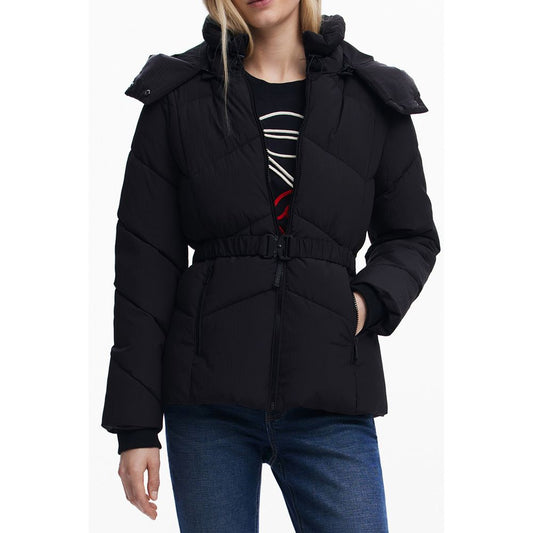 Desigual Black Polyester Women Jacket with removable hood and waist belt, long sleeves, and external pockets for a stylish and functional look.