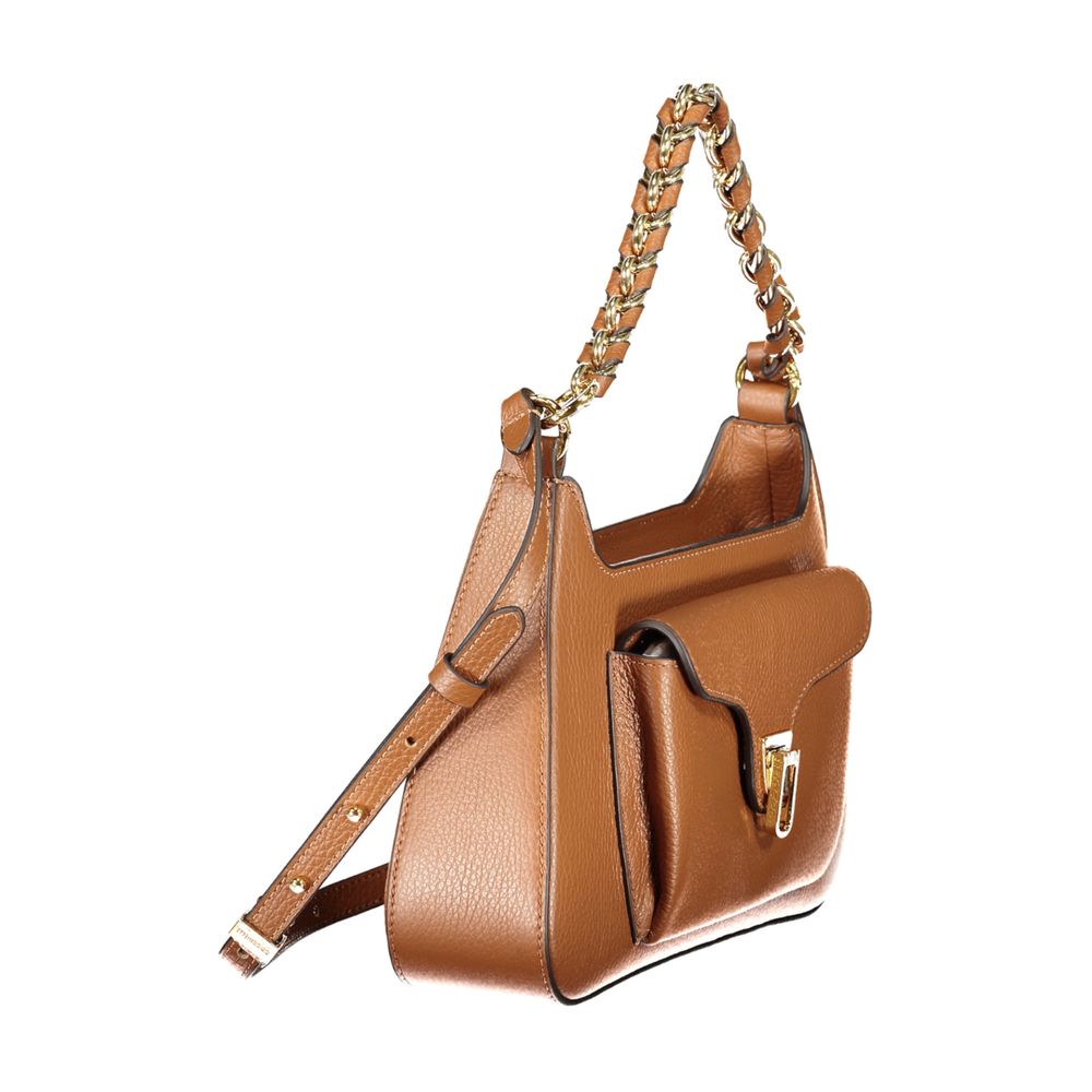 Coccinelle Marrone Leather Women Handbag with adjustable strap in brown leather, elegant design, side view with gold detailing.