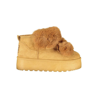 Laura Biagiotti Brown Polyester Women Boot with pom poms, fur collar, and 4 cm wedge for cozy chic style.