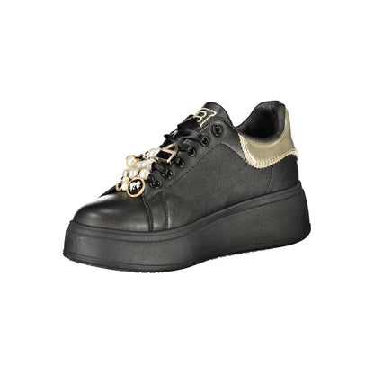 Laura Biagiotti Black Polyester Women Sneaker with platform and applique, perfect for fashion-forward style, sports, leisure, and urban adventures.