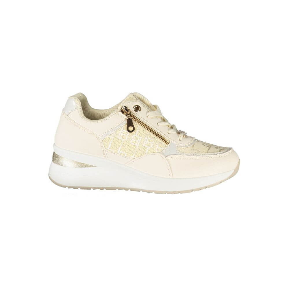 Laura Biagiotti White Polyester Women Sneaker with side zip and beige accents, 5 cm platform, elegant contemporary design.