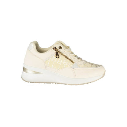 Laura Biagiotti White Polyester Women Sneaker with side zip and beige accents, 5 cm platform, elegant contemporary design.