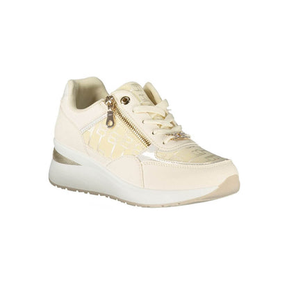 Laura Biagiotti White Polyester Women Sneaker with side zip and beige accents on platform sole.