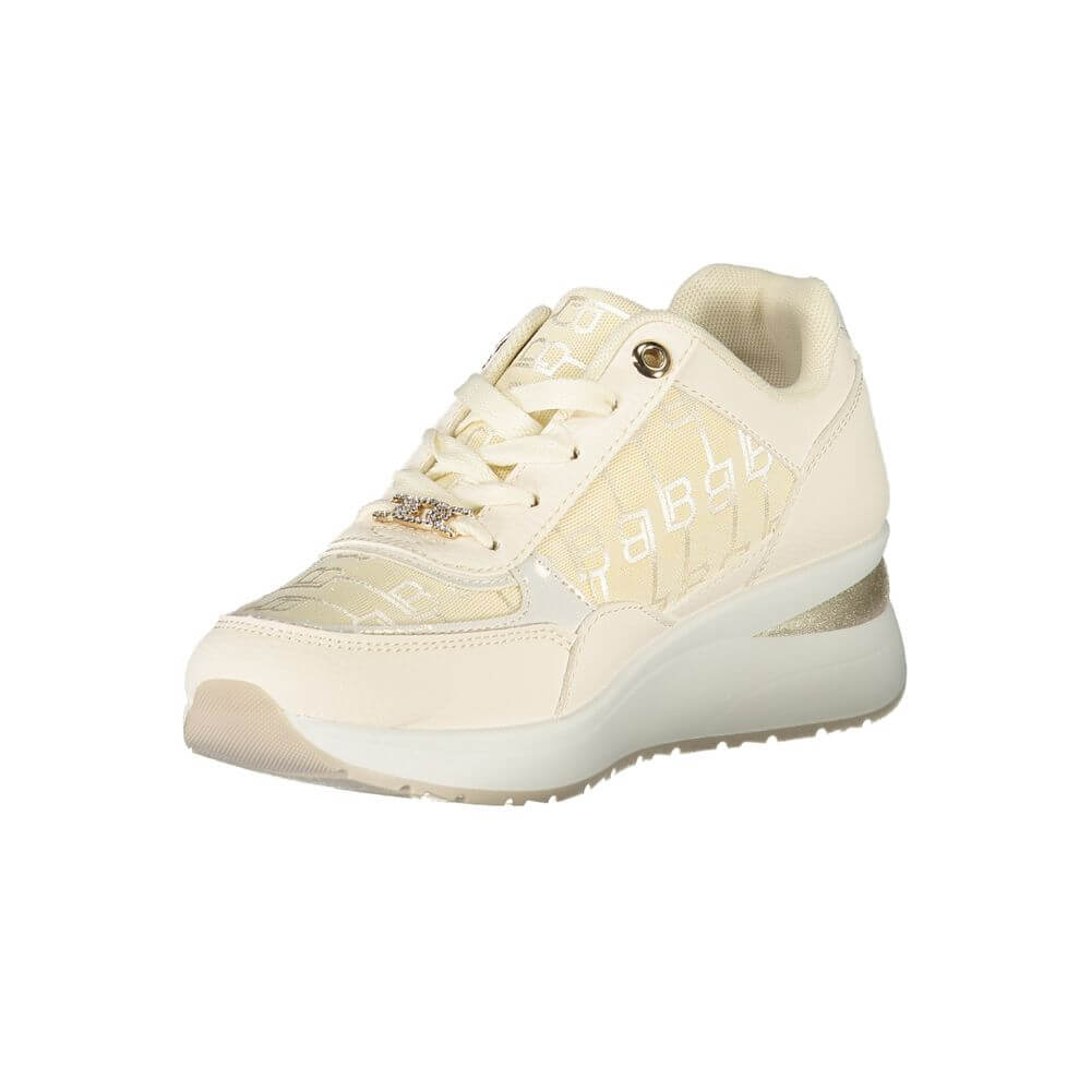 Laura Biagiotti White Polyester Women Sneaker with beige details and side zip featuring a bold 5 cm platform and logo.