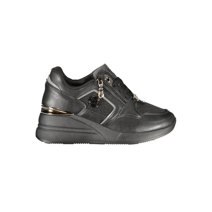 Laura Biagiotti Black Polyester Women Sneaker with side zip and 5 cm platform, featuring Italian design and chic style.