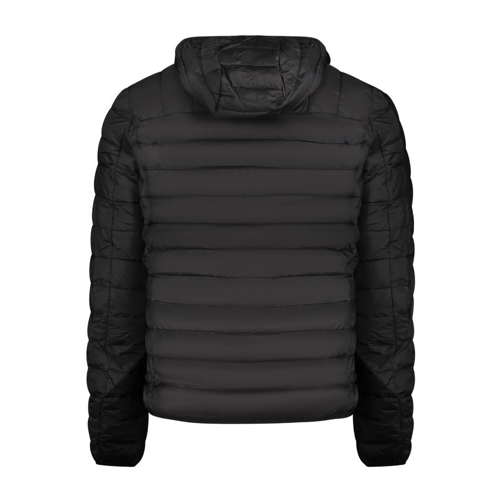 Cavalli Class Black Polyester Men Jacket with removable hood, showcasing back view with quilted design and versatile layering style.