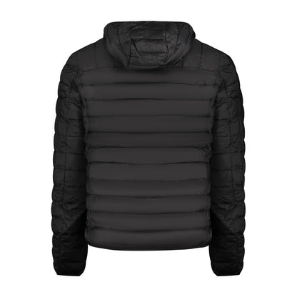 Cavalli Class Black Polyester Men Jacket with removable hood, showcasing back view with quilted design and versatile layering style.
