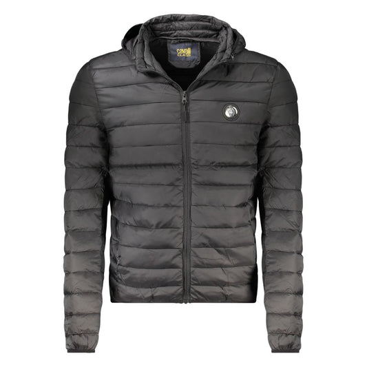 Cavalli Class Black Polyester Men Jacket with hood, long sleeves, and ample pocket space