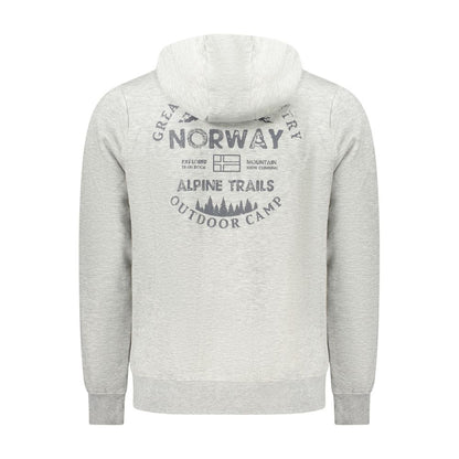 Back view of the Norway 1963 Gray Cotton Men Sweater with hood and bold outdoor camp print.