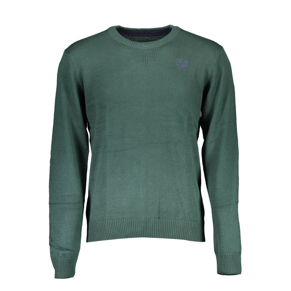 Gianmarco Venturi Green Cotton Sweater, long-sleeved crew-neck with embroidery and contrasting details.
