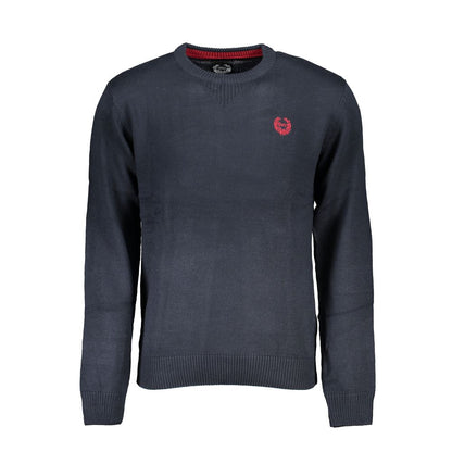 Gianmarco Venturi Blue Cotton Sweater with long sleeves, crew neck, and embroidery logo detail.