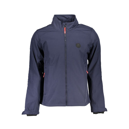Gianmarco Venturi Blue Polyester Jackets & Coat, long sleeve soft shell with zip, contrast details, and logo, front view.
