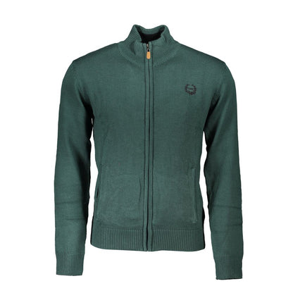 Gianmarco Venturi Green Cotton Sweater with long sleeves, zip, embroidery, contrast details, and logo.