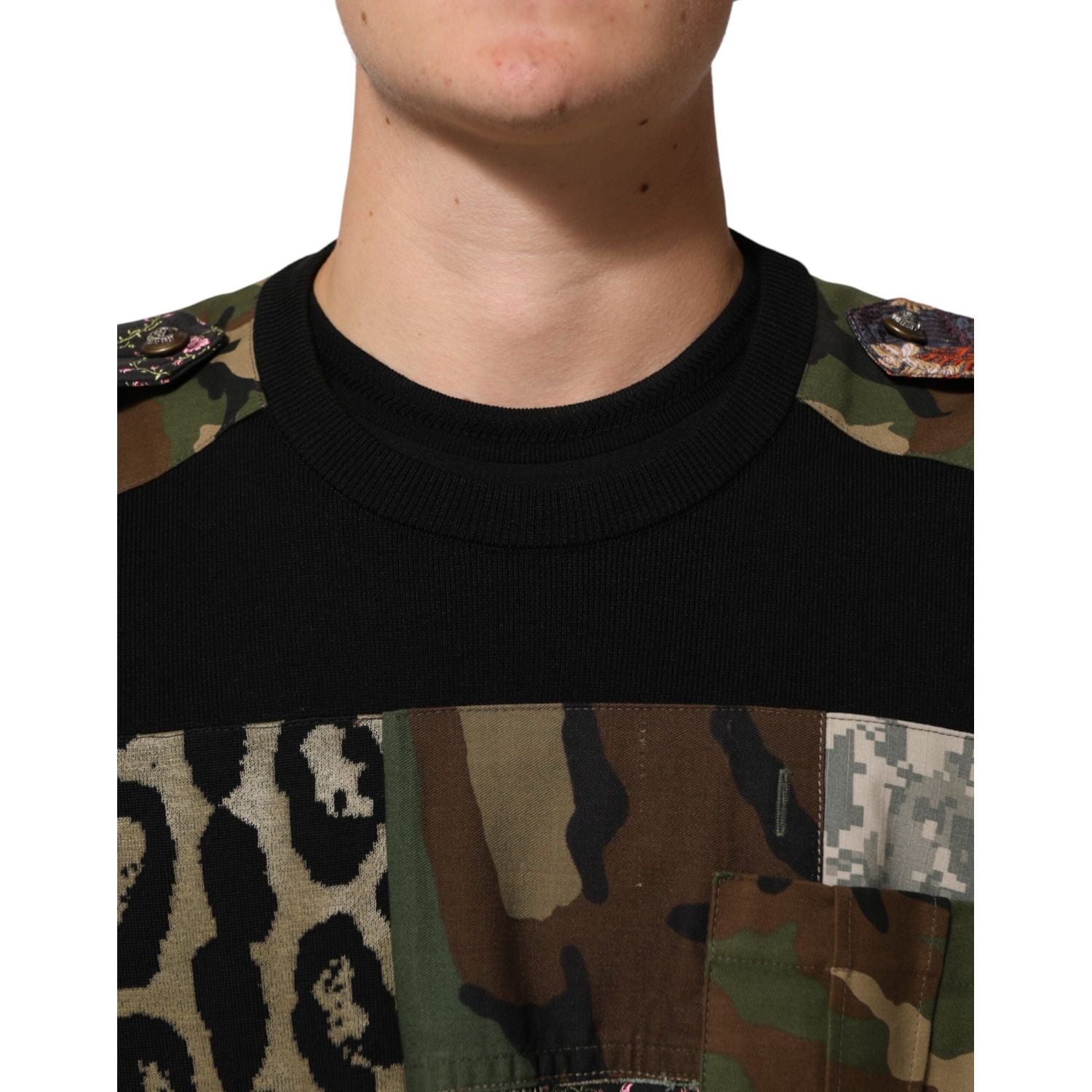 Dolce & Gabbana Black Patchwork Crew Neck Pullover Sweater