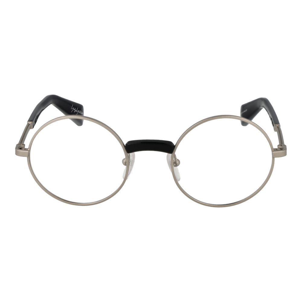 Yohji Yamamoto Silver Monel Glasses (Frames) with full-rim round style, unisex design, and monel material, includes branded soft case.
