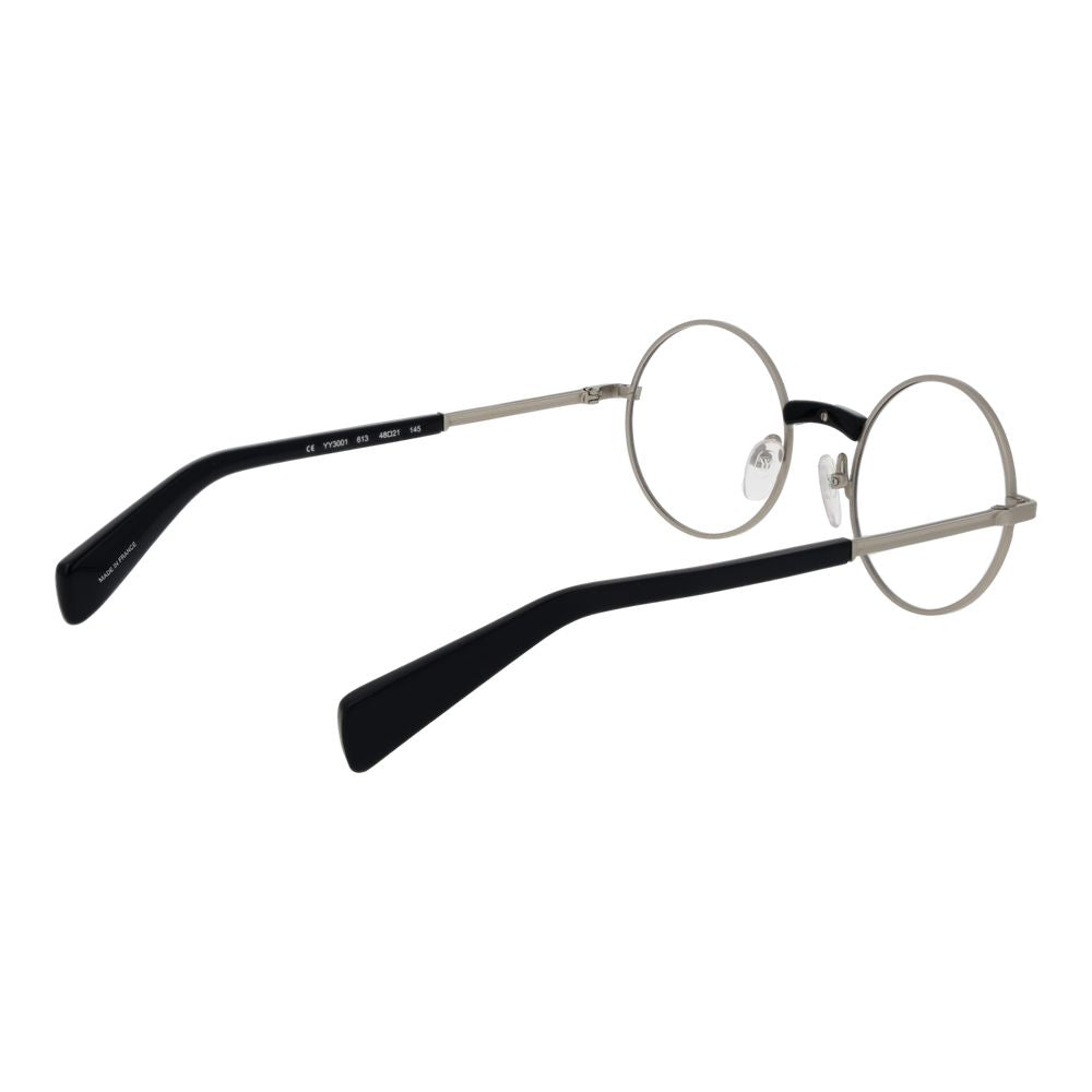 Yohji Yamamoto Silver Monel Glasses (Frames) in silver, full-rim round style with demo lenses and black temples, unisex design.