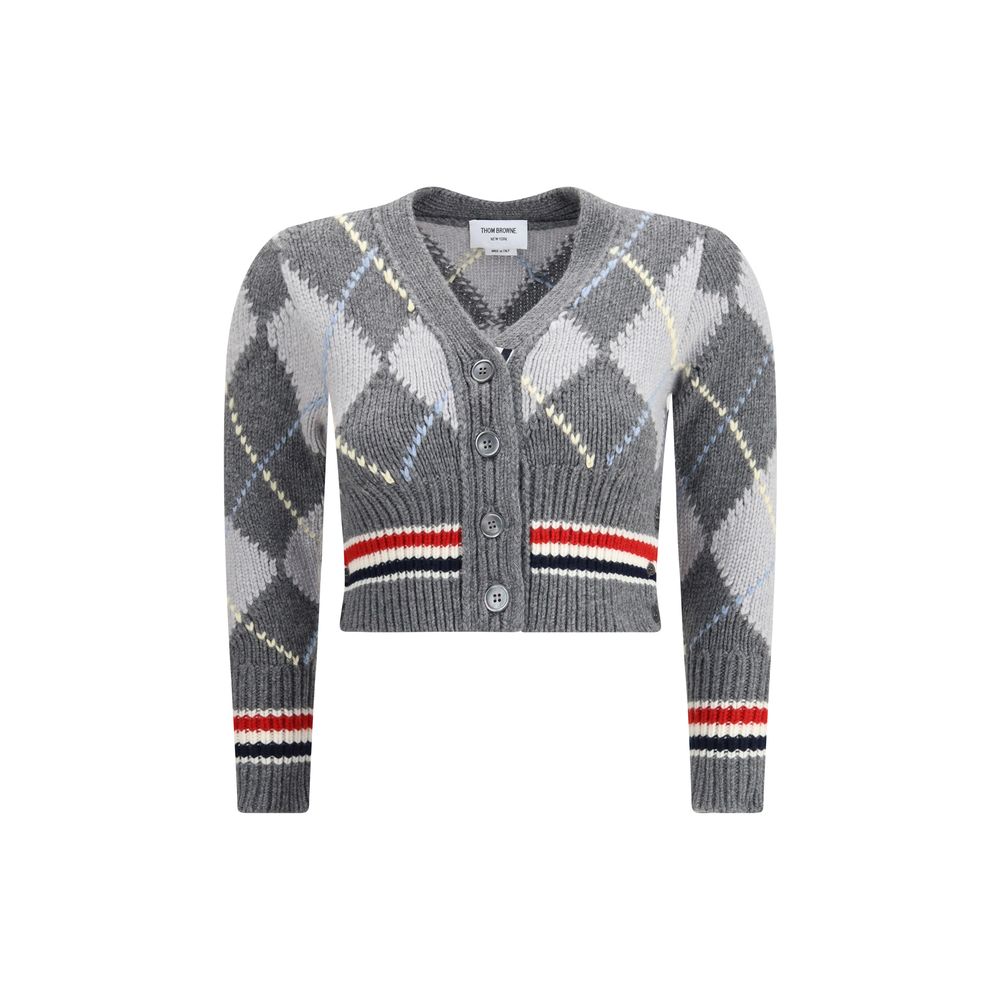 Thom Browne Gray Fleece Wool Cardigan with argyle pattern and button closure for timeless elegance and versatile styling.