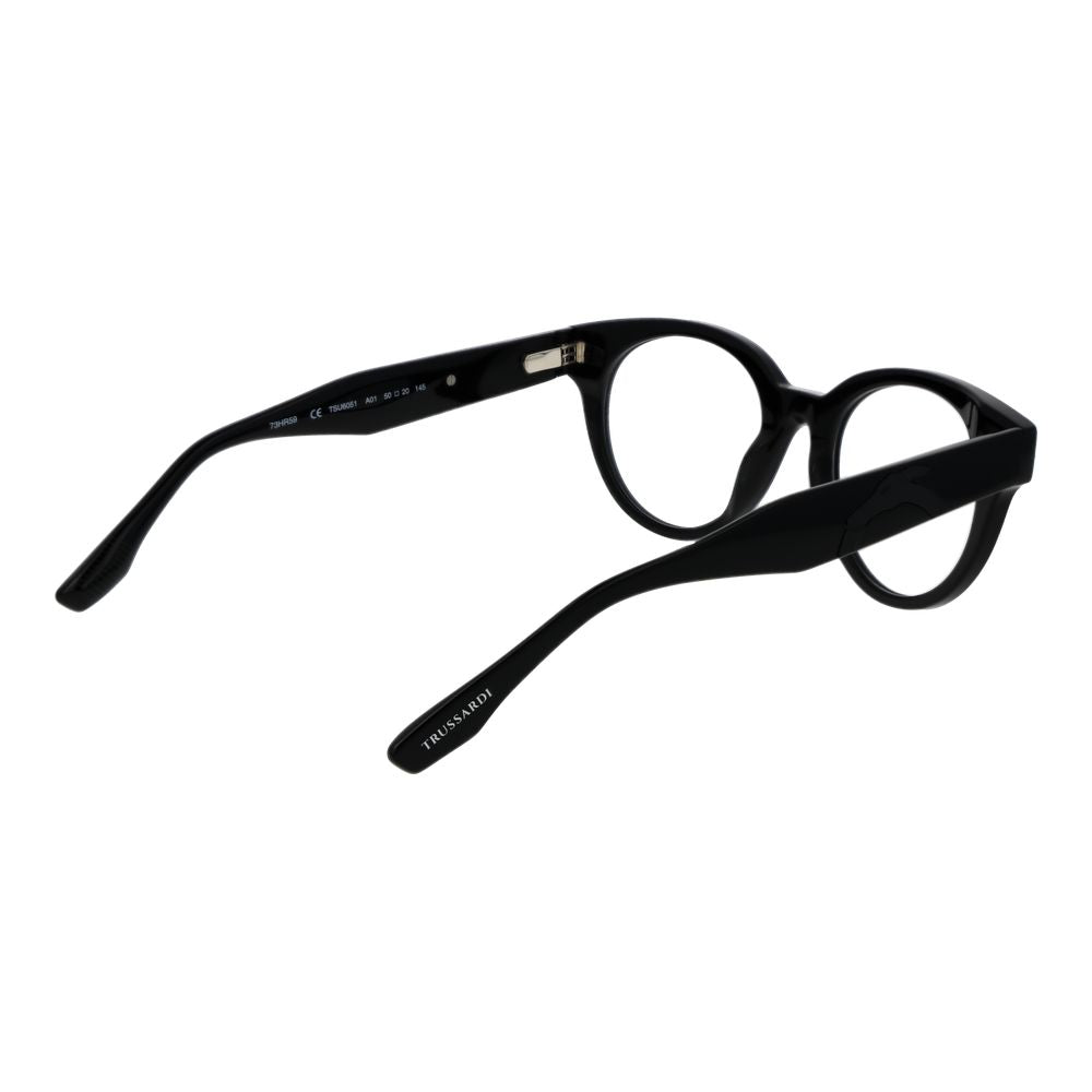 Trussardi Black Acetate Glasses (Frames) unisex full-rim design with demo lenses, acetate material, and spring hinge in black color.