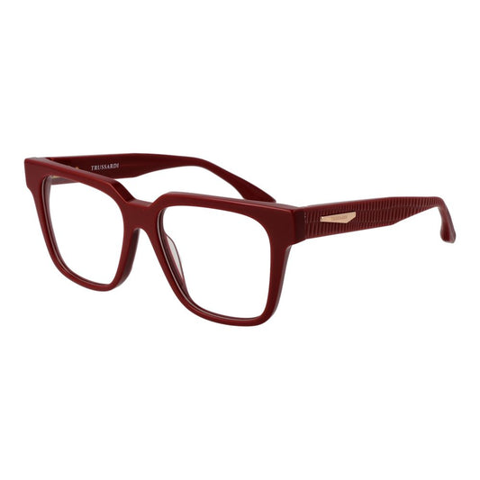 Trussardi Red Acetate Glasses (Frames) for women, full-rim square style with demo lenses. Size: 53-16-145, red acetate frame.