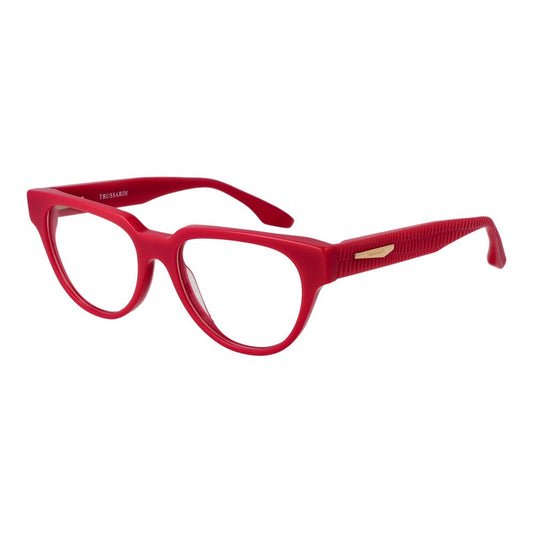 Trussardi Red Acetate Glasses (Frames) for women, full-rim panto style with demo lenses, size 53-17-145, in bright red acetate.