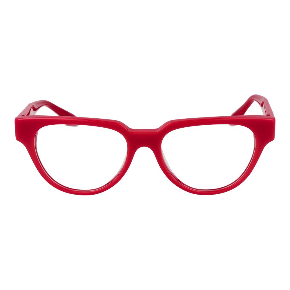 Trussardi Red Acetate Glasses (Frames) for women, full-rim panto style with demo plastic lenses in bold red color, 53mm width.