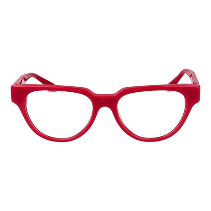 Trussardi Red Acetate Glasses (Frames) for women, full-rim panto style with demo plastic lenses in bold red color, 53mm width.