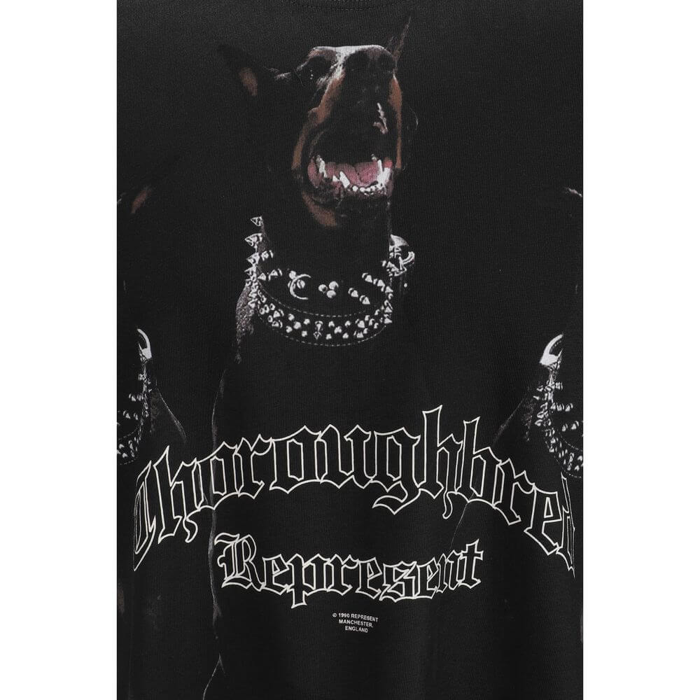 Represent Black Cotton T-Shirt with ribbed crew neck and iconic monogram print, featuring dog and text 'Thoroughbred' for a bold style.