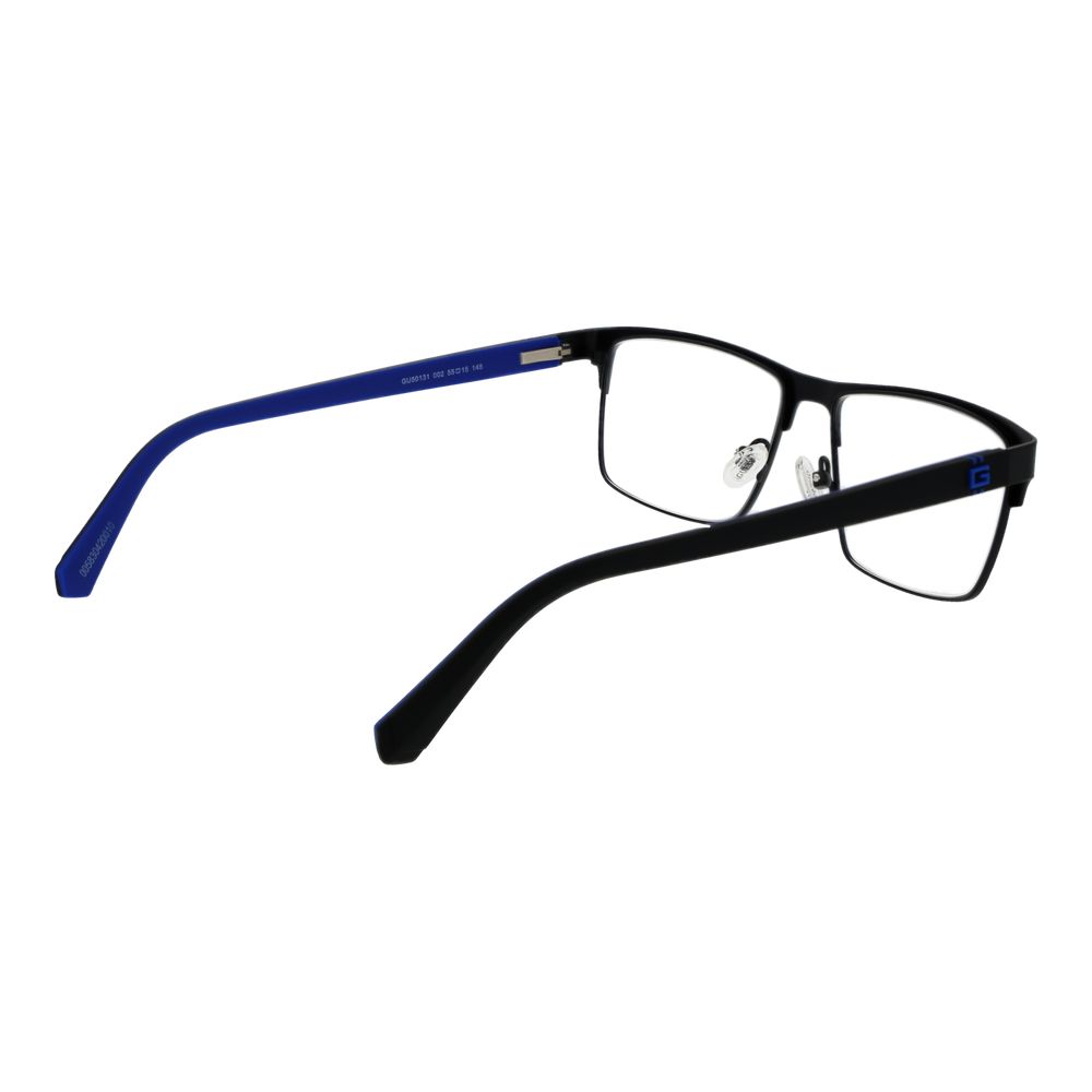 Guess Black Metal Glasses (Frames) with full-rim, rectangle style for men. Metal frame, plastic demo lenses, spring hinge, no extra lenses.