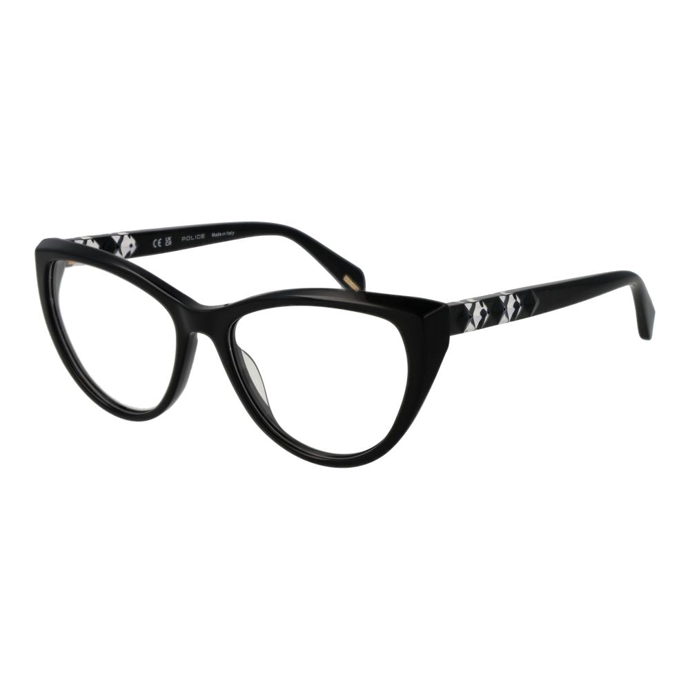 Police Black Plastic Glasses (Frames) for women, cat eye style, black full-rim frame with demo lenses, includes branded case.