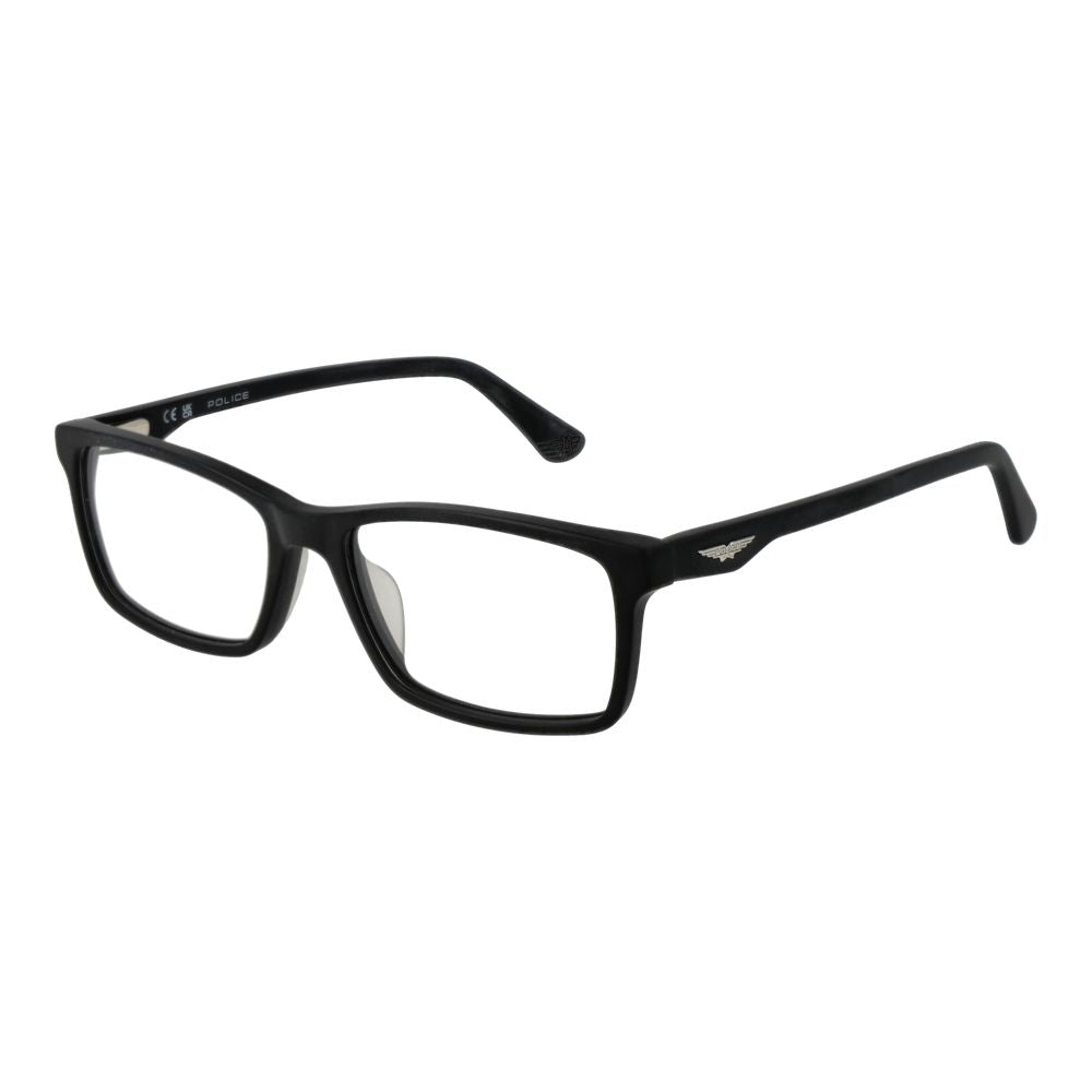 Police Black Cellulose Acetate Glasses (Frames) in full-rim style with demo lenses and spring hinge for men.
