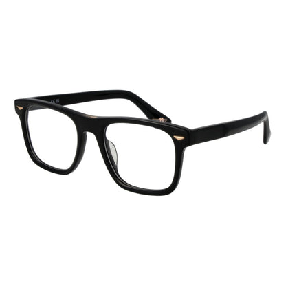 Police Black Cellulose Acetate Glasses (Frames) for men with full-rim black rectangle design, demo lenses, and branded case included.