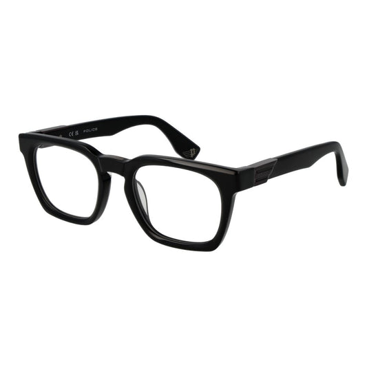 Police Black Cellulose Acetate Glasses (Frames) in full-rim rectangle style for men with black frame, 53mm width lenses.