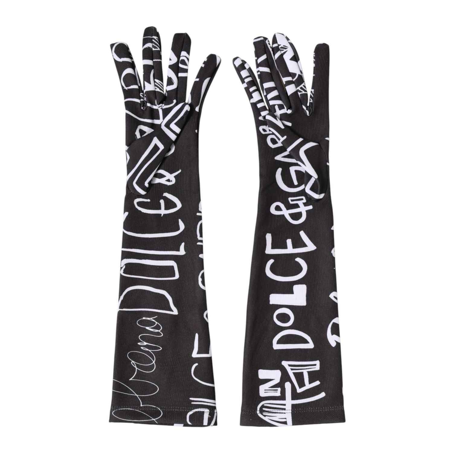 Dolce & Gabbana Black White DG Logo Elbow Length Mitten Gloves
