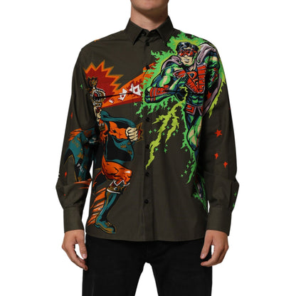 Dolce & Gabbana Green Superhero Print Button Down Shirt