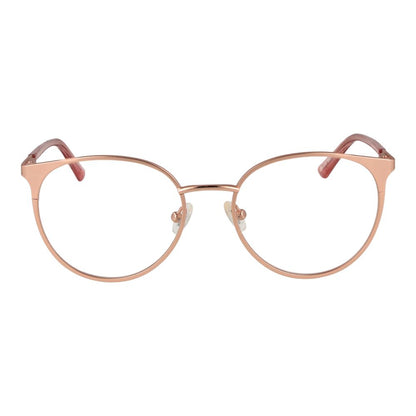 Guess Rose Gold Metal Glasses (Frames) for women, round style, full-rim, spring hinge, demo lenses, size 53-18-140, rose gold color.