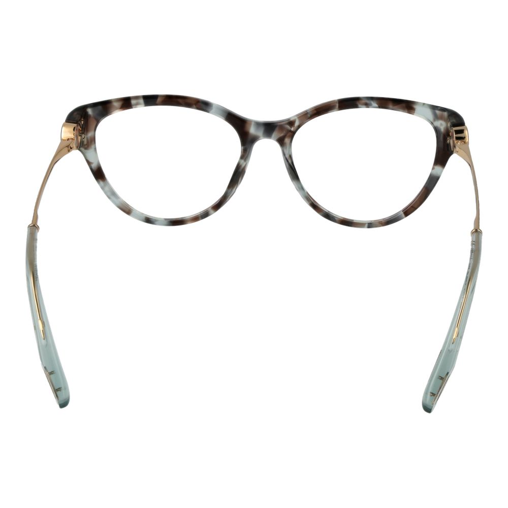 Cat eye glasses with tortoise shell pattern and blue temples, view from front. Fashionable eyeglasses for stylish look.