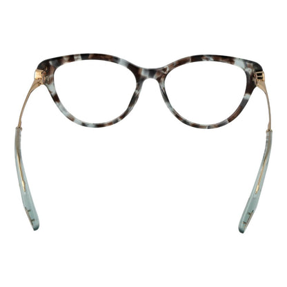 Cat eye glasses with tortoise shell pattern and blue temples, view from front. Fashionable eyeglasses for stylish look.