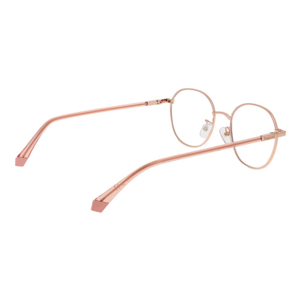 Polaroid Rose Gold Metal Glasses (Frames) with full-rim, unisex design, demo lenses, size 51-19-145, and panto style.