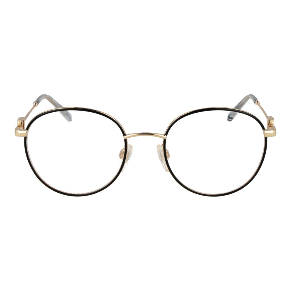 Tommy Hilfiger Gold Metal Glasses (Frames) for Women, full-rim panto style with demo lenses, gold metal frame, includes branded case.
