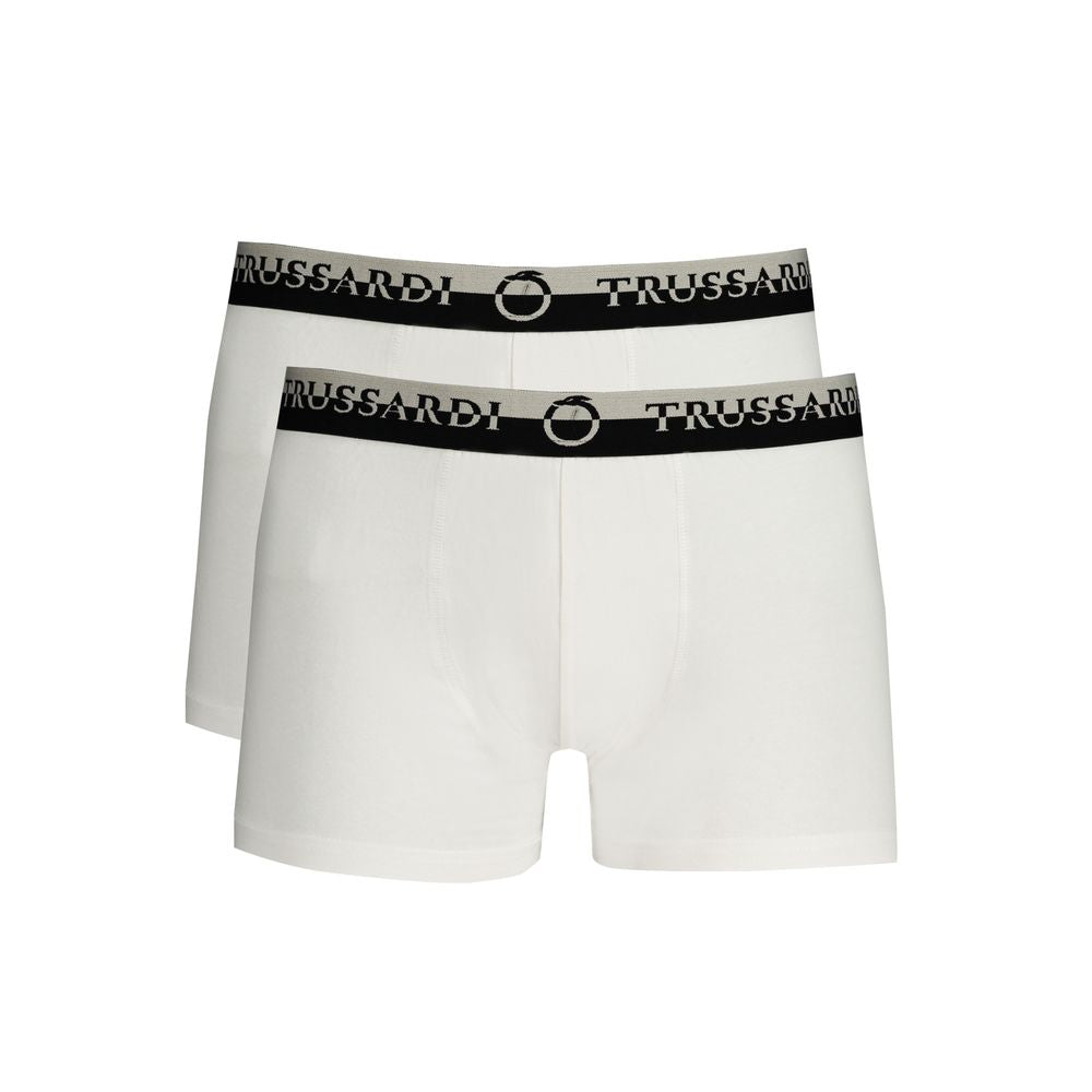 Trussardi White Cotton Underwear with double elastic waistband, logo print, bi-pack, designed for comfort.