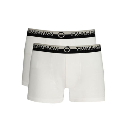 Trussardi White Cotton Underwear with double elastic waistband, logo print, bi-pack, designed for comfort.