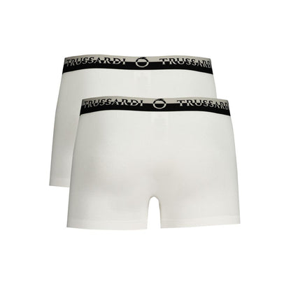 Trussardi White Cotton Underwear bi-pack with double elastic waistband and logo print, featuring boxer parts.