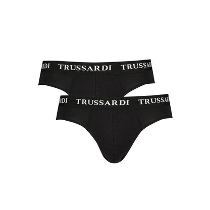Trussardi Black Cotton Underwear bi-pack with branded elastic waistband and logo print, featuring slip design.